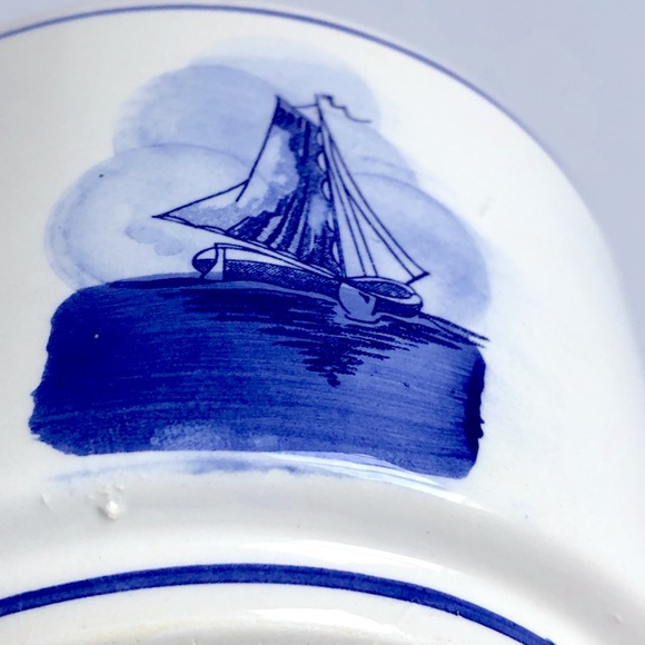 Vintage Windmill Sailboat Ceramic Bowl Planter Container Blue White 5 1/4” - Picture 5 of 15